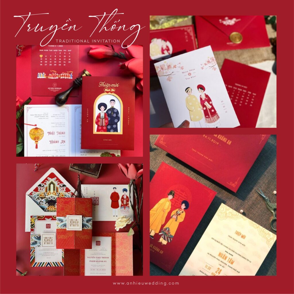 Dòng thiệp cưới có tông màu đỏ làm chủ đạo với các hoạ tiết hoa văn truyền thống Việt Nam như chữ hỷ, rồng phượng, hoạ tiết cung đình
