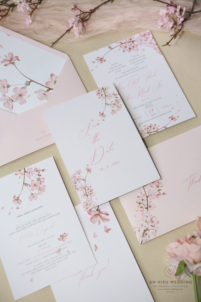 Thiệp Cưới Hoa Anh Đào Sắc Hồng Lãng Mạn